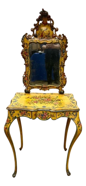 18th Century Style Venetian Yellow Ground & Floral Dressing Table W/Mirror, Early 20th Century