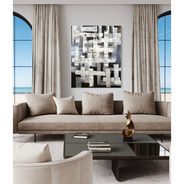 Original abstract painting by J. Kent Martin in layered black, white, and gray tones with expressive brushwork. Crossroads...