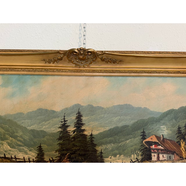 Large VTG Alpine Mountain Landscape Oil Painting European Cabin Framed Signed For Sale - Image 9 of 15