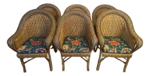 Set of 6 Vintage American Wicker & Rattan Barrel-Back Armchairs, MCM Coastal