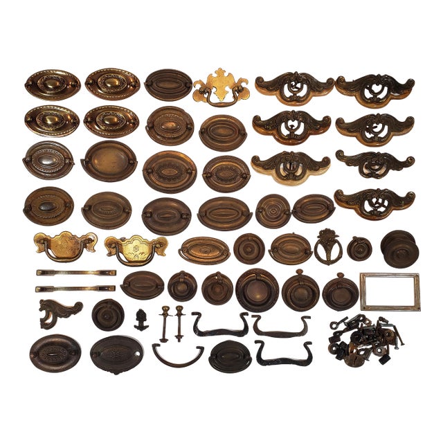 Antique Decorative Brass Metal Furniture Handles and Knobs (42 Pieces) For Sale