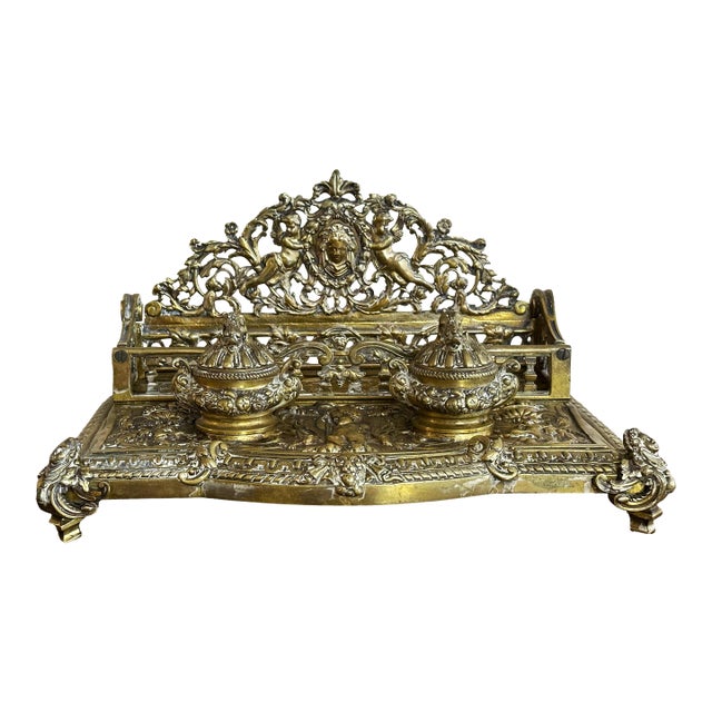 Antique Cast Brass Double Inkwell With Letter Holder – Ornate Baroque French Louis XIV Style, 10+ LBS For Sale