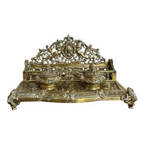 Antique Cast Brass Double Inkwell With Letter Holder – Ornate Baroque French Louis XIV Style, 10+ LBS
