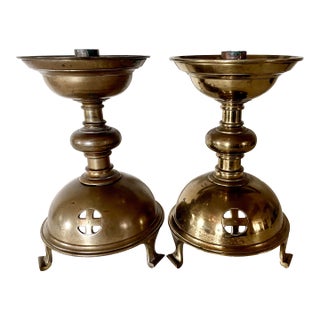 Antique Pair of Gothic Stule Ecclesiastical Brass Candlesticks For Sale