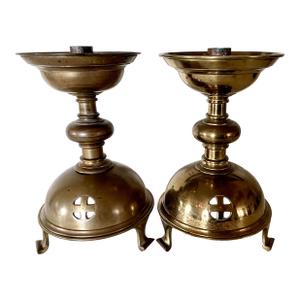 Antique Pair of Gothic Style Ecclesiastical Brass Candlesticks