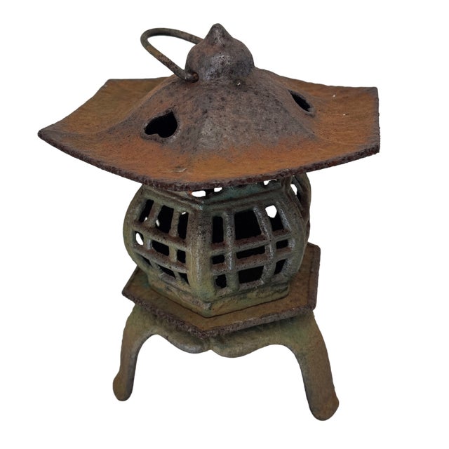 Beautiful vintage Japanese cast iron pagoda garden lantern, marked JAPAN, with a wonderfully weathered surface and...