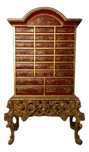 A Antique Chinoiserie Lacquer Storage Cabinet on Carved Giltwood Stand.