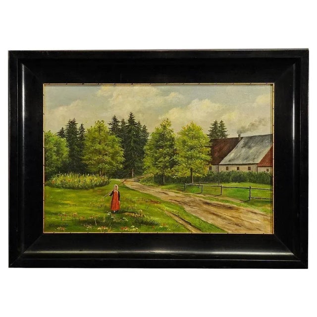 M. E. Ummenhofer, Farm Girl in a Flower Meadow, 1890s, Oil on Canvas, Framed For Sale - Image 9 of 9