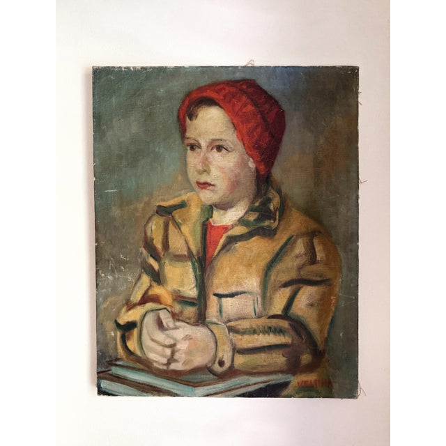 1950s Midcentury Vintage Portrait of a Young Boy- Oil on Canvas- 16 X 20” For Sale - Image 4 of 9