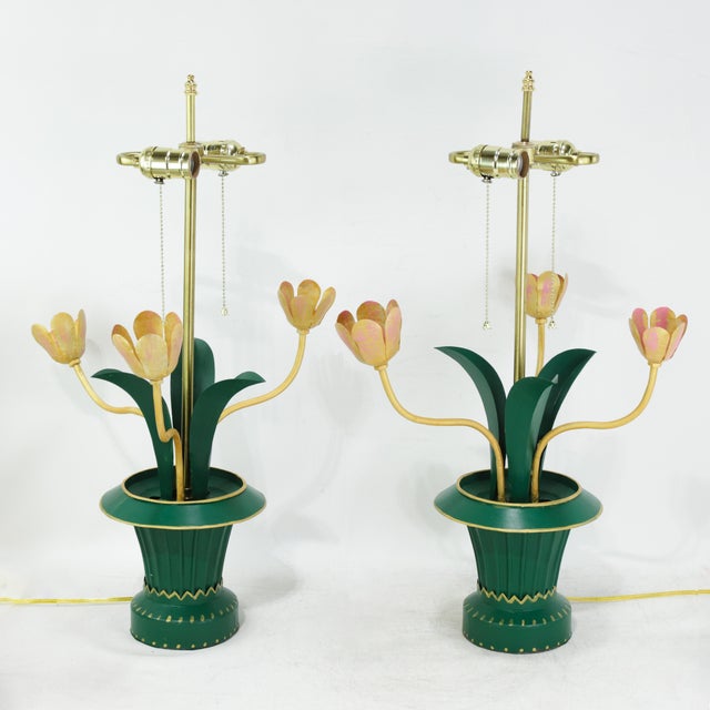 Vintage Brunschwig & Fils Green Tole Flower Table Lamps, Yellow and Pink Tulip Design - a Pair For Sale - Image 10 of 11