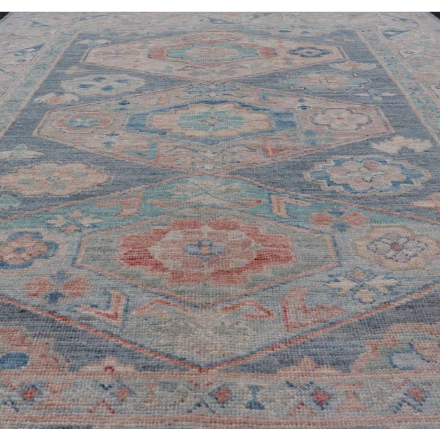 Tribal Modern Oushak With Three Large Medallion Design on a Blue-Gray Field For Sale - Image 3 of 12