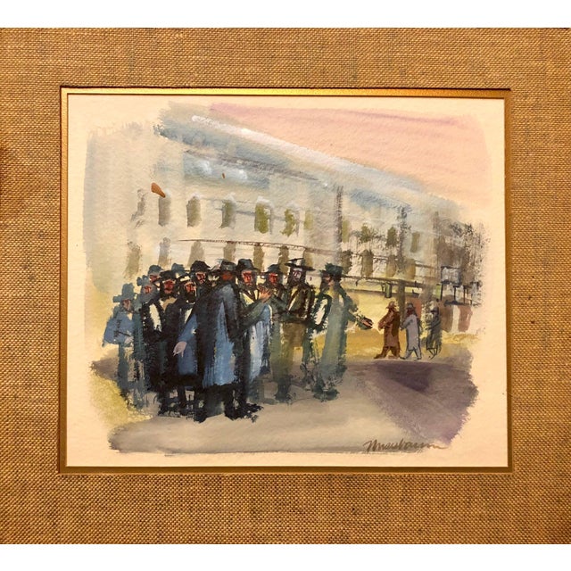 In this painting, Nussbaum portrays a joyful holiday celebration of the megillah reading in the synagogue in a sketch-like...