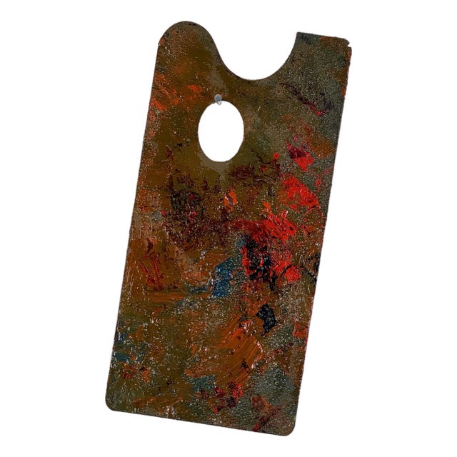 Vintage Artist's Elongated Painting Palette With Red Remnant Oil Paint For Sale
