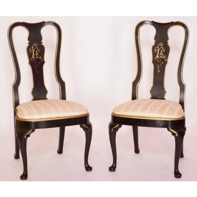 Wood 1980s Chinoiserie Black Lacquer Dining Chairs in the Style of Drexel- Set of 6 For Sale - Image 7 of 13