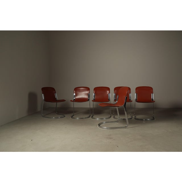Leather Brick Red-Colored Cantilever Dining Chairs, Italy, 1970s, Set of 6 For Sale - Image 16 of 16