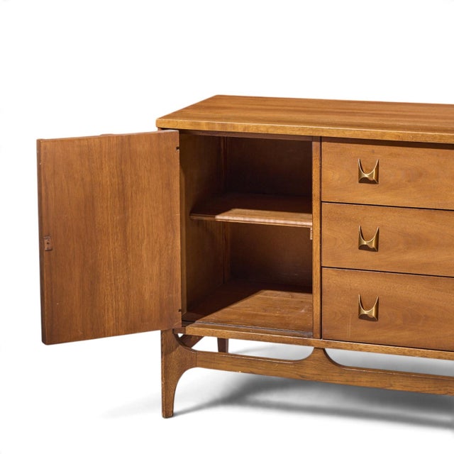 Wood Broyhill Brasilia Mid Century Walnut and Brass Credenza For Sale - Image 7 of 10