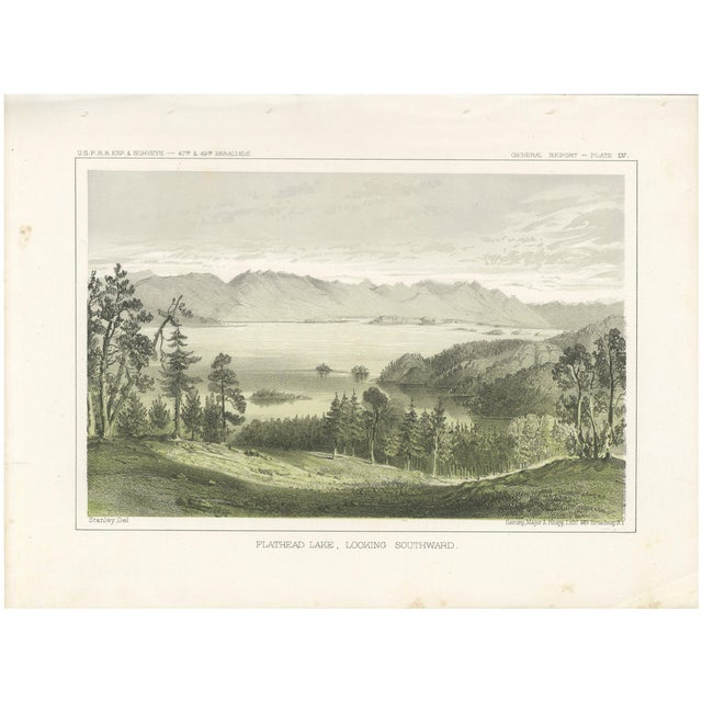 Serene View of Flathead Lake and Surrounding Mountains in Montana, 1856, Print For Sale