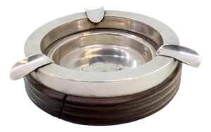 Silver Ashtray on Turned Wood with Cigarette Holders