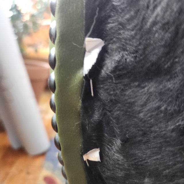 Mid 20th Century MCM Library Chair Moss Green Leather Blend/Woven Fabric With Button Tuft & Nailtacks, Swirled Arms, Dark Wood, Executives For Sale - Image 9 of 13