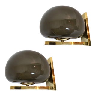 1980s Pair of Brown Glass and Brass Sconces, Mid Century Modern For Sale