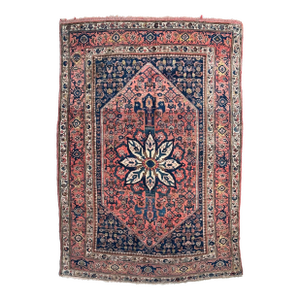 Village Halvai Bidjar With Blooming Medallion in Dusty Rose & Indigo Rug - 4.7 X 6.10