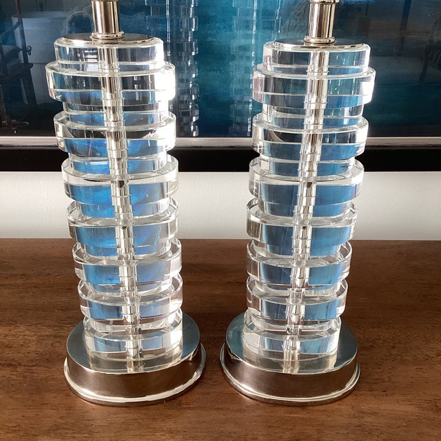 Art Deco Visual Comfort Art Deco Style Glass and Nickel Table Lamps - a Pair For Sale - Image 3 of 5