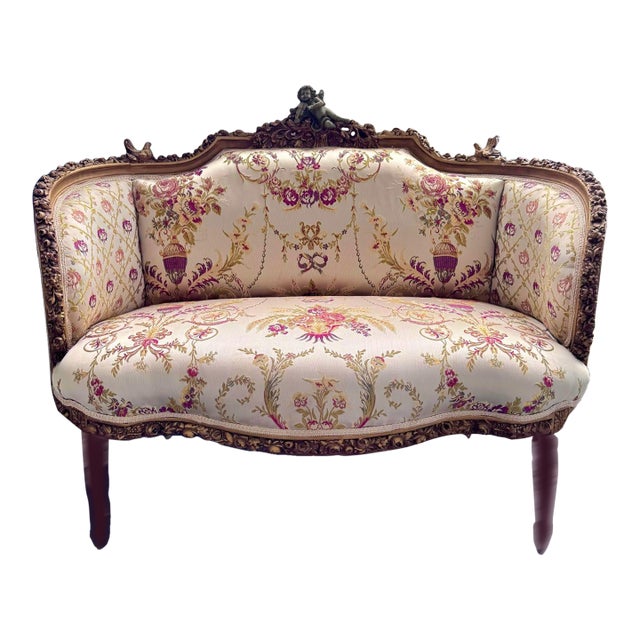 1990s French Baroque Style Beige Sofa – Gold Leaf Details For Sale