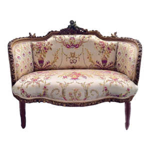1990s French Baroque Style Beige Sofa – Gold Leaf Details