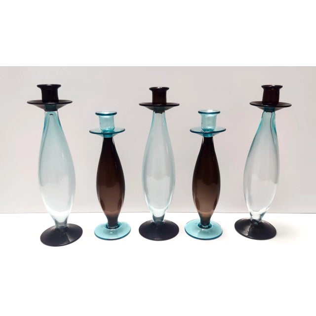 Postmodern Vintage Italian Candleholders in Brown and Aquamarine Murano Glass, 1980s, Set of 2 For Sale - Image 3 of 13