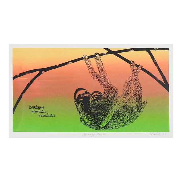 Contemporary Colorful Lithograph of 3 Toed Sloth and Baby For Sale