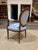 French Pair of Louis XVI Style Fauteuils Carved Walnut Arm Chairs Blue White Damask Floral For Sale - Image 3 of 8