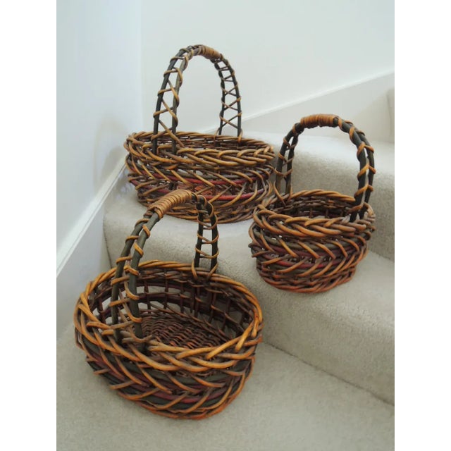 Late 20th Century Basket Thick Woven Wood Nesting Baskets With Carrying