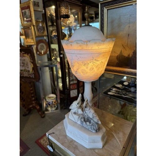 Alabaster Late 19th Century Victorian Hand Carved Alabaster Table Lamb With Bird Motif For Sale - Image 8 of 12