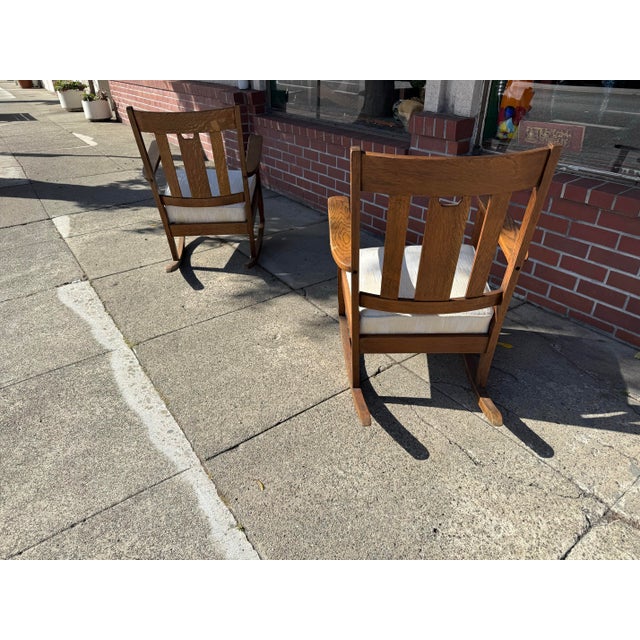 1910s Arts & Crafts Rocker Matched Pair Circa 1900 Quartersawn Oak For Sale - Image 5 of 7