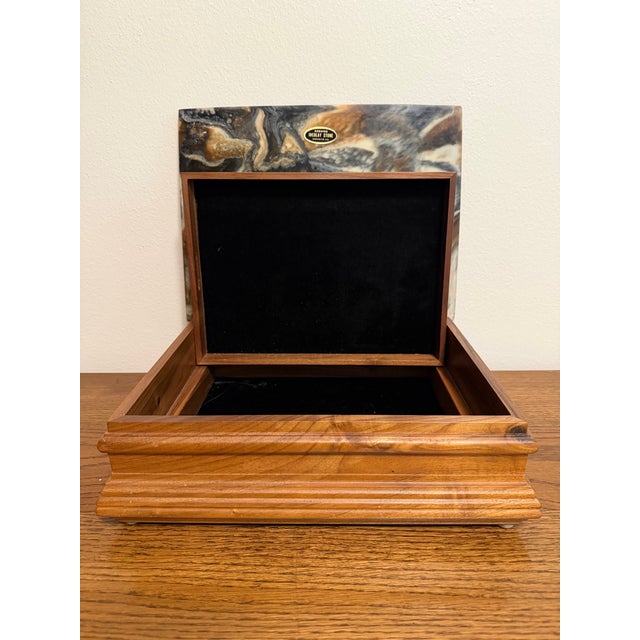 Vintage Genuine Incolay Stone Dogs Playing Poker Jewelry Chest Walnut Box With Tray For Sale - Image 4 of 7