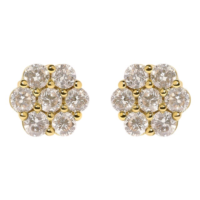 14K Yellow Gold 3.0 Cttw Diamond Floral Cluster Stud Earring For Sale