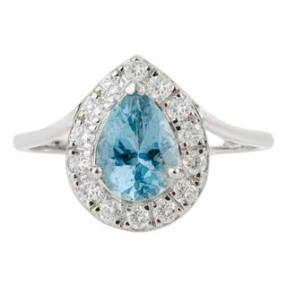 Art Deco 14k White Gold 1 Ct Aquamarine and Diamond Halo Cocktail Ring Size 8 For Sale