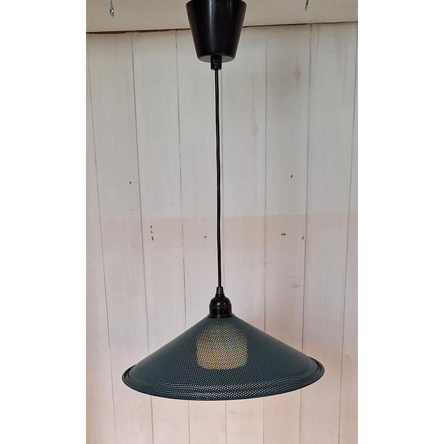 Vintage Pendant Lamp with Perforated Green Metal Shade and White Glass Undershade, 1980s For Sale - Image 6 of 6