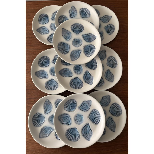 Vintage Embossed Blue Ceramic Oyster Plates, Set of 10 For Sale - Image 13 of 13