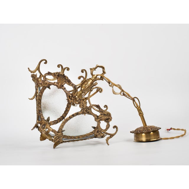 1960s Spanish Rococo Revival Cast Brass Chandelier With Frosted Textured Glass For Sale - Image 4 of 10