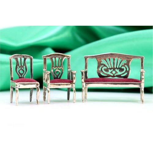 Two-Seater Sofa with Two Silver Chairs in Red Velvet, Set of 3 For Sale - Image 6 of 7