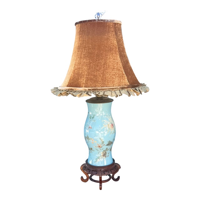 1960s Chinese Painted Lamp With Custom Made Silk Velvet Shade. For Sale