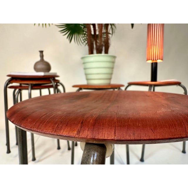 Teak Plywood and Tubular Steel Atelier Stacking Stools, Denmark, 1960s, Set of 6 For Sale - Image 11 of 18