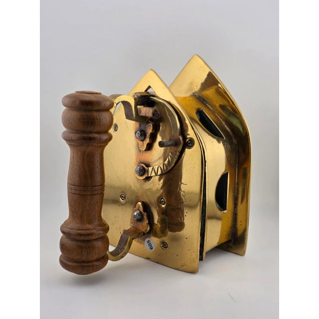 Antique C1850 Middle East Handmade Brass Charcoal Big Press Iron W Wooden Handle For Sale - Image 14 of 15