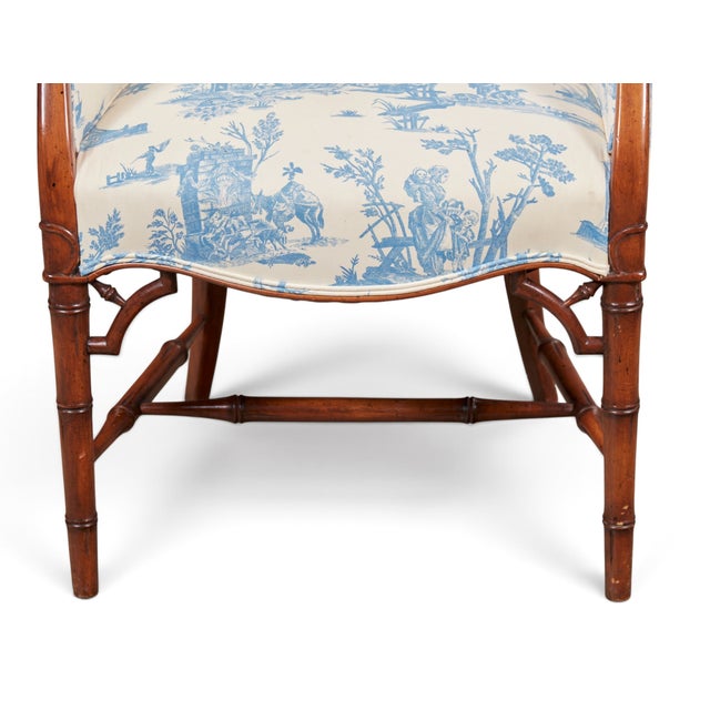 Wood Blue & Cream Toile Faux Bamboo Walnut Bergère Chair, Georgian Style, Mid-20th Century For Sale - Image 7 of 8