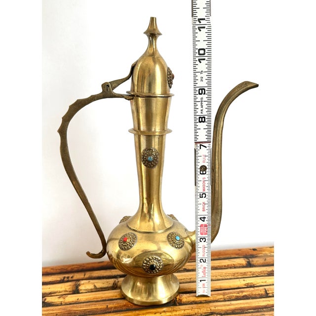 Moroccan Vintage Brass Moroccan Brass Tea Set – 8 Pieces | Gemstone Inlay For Sale - Image 3 of 12