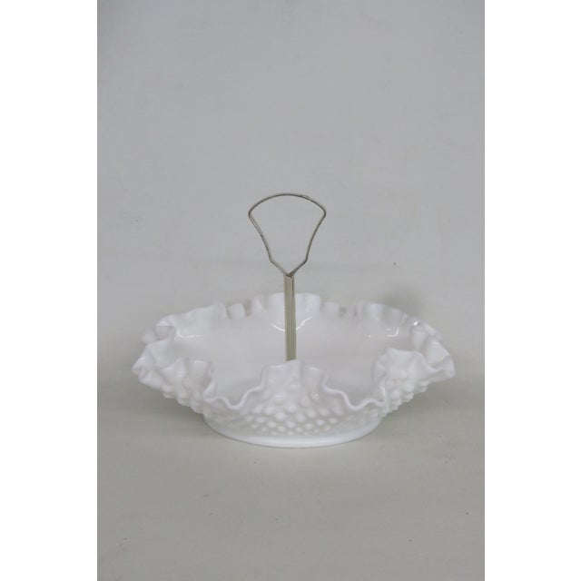 Mid 20th Century Fenton White Milk Glass Ruffled Edge Hobnail Candy Dish With Metal Handle For Sale - Image 13 of 14
