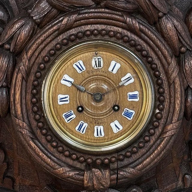Wood 19th Century French Louis XVI Carved Oak Wall Clock ~ Cartel For Sale - Image 7 of 12