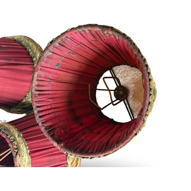 Textile Antique French Raspberry Silk Boudoir Lampshades With Gold Chenille Trim - Set of Five For Sale - Image 7 of 9