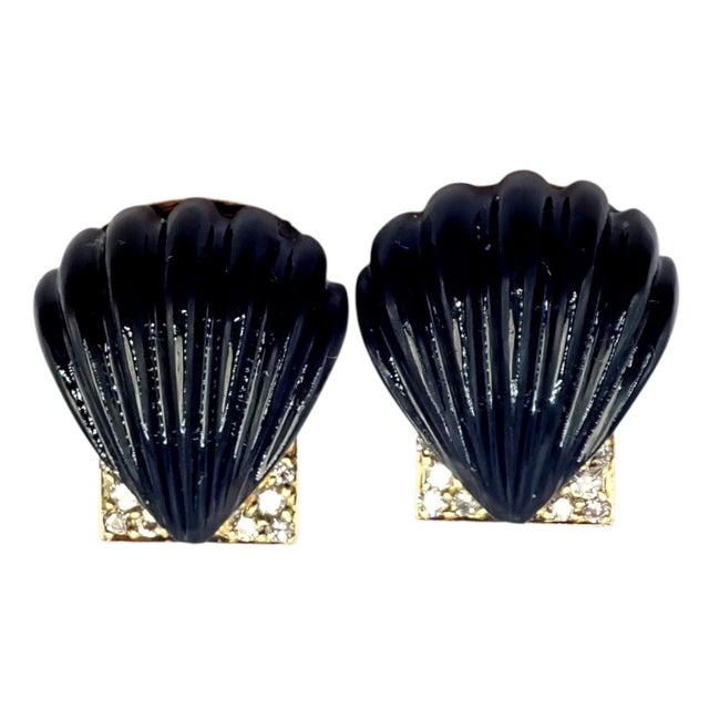 Vintage Estate Cartier Yellow Gold Diamond Onyx Shell Earrings, Pair For Sale - Image 10 of 11